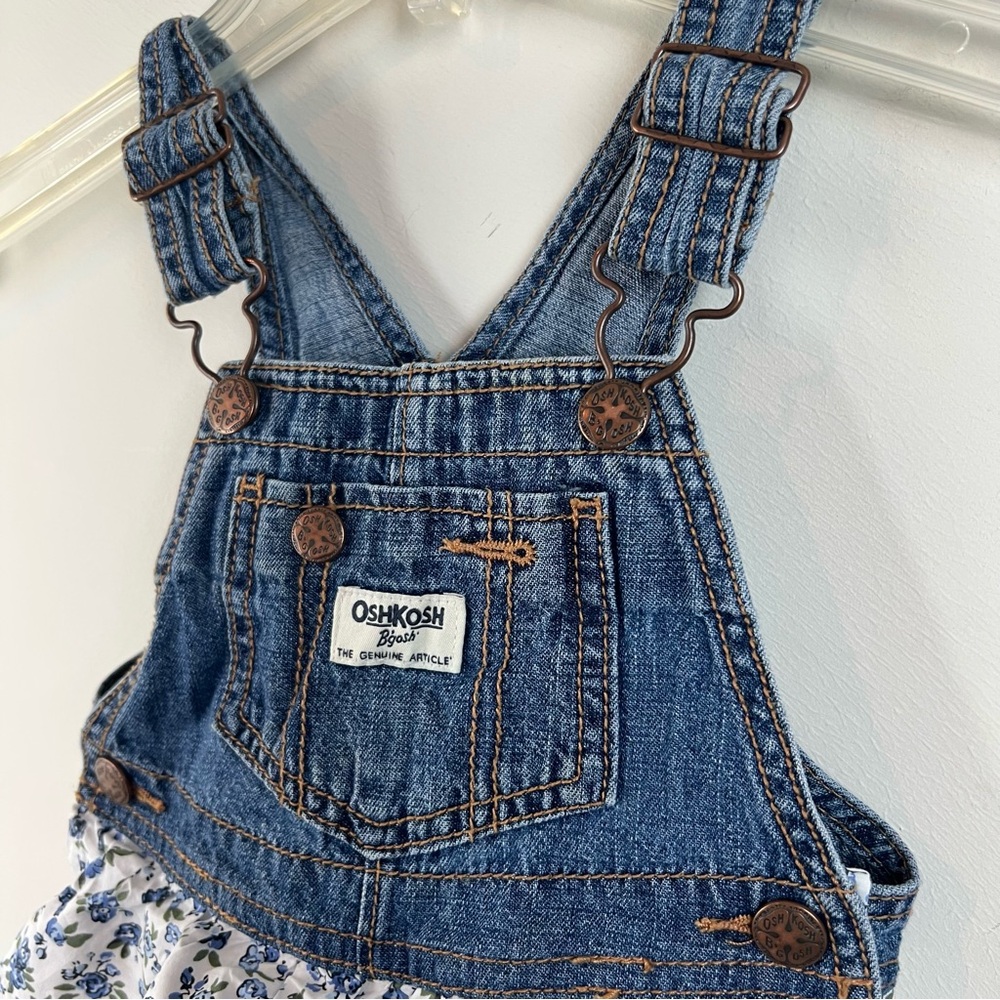 Oshkosh Girls 2T Denim Overall Dress Frill Skirt Eyelet Lace Tiered Gingham - Picture 2 of 9